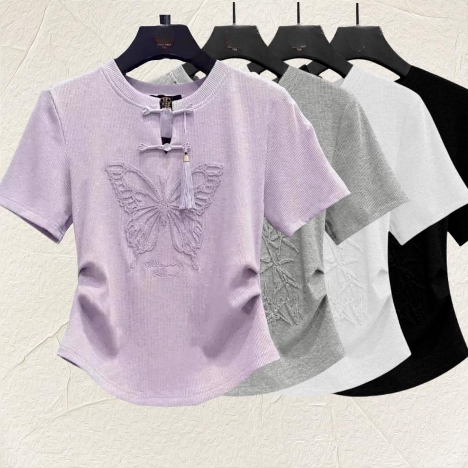 Beautiful Embroidery Button Tee Women's Short Sleeve Cotton Shirt