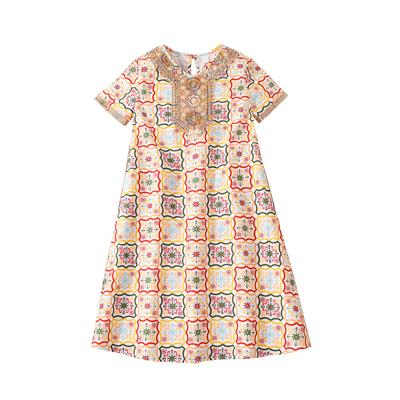 Girls' Big Kids Dress Children's Clothing Summer New Vintage Multi-color Checkered Floral Print Short Sleeve Dress