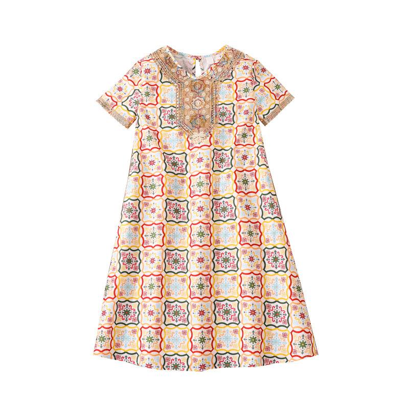 Girls' Big Kids Dress Children's Clothing Summer New Vintage Multi-color Checkered Floral Print Short Sleeve Dress