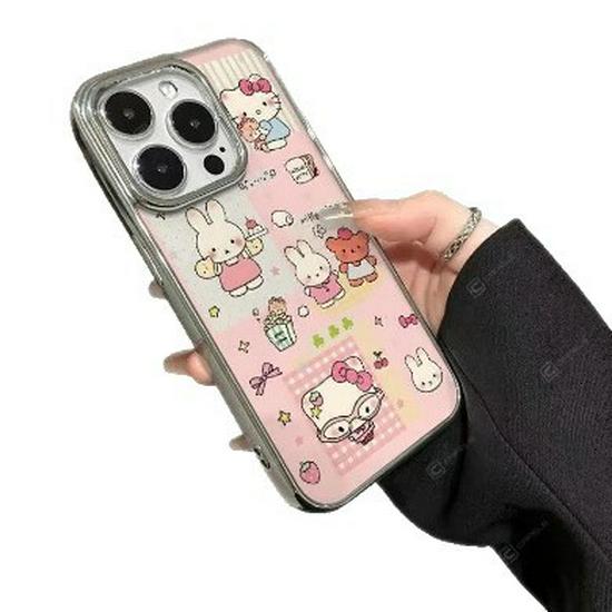 Electroplated Silver Frame Hello Kitty & Miffy Rabbit Case for Apple 17 Pro Max 16 Transparent 15 Simple 14/13 Pro