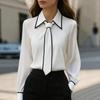 Women's Commuting Tie Long Sleeve Shirt Trim Tops Slim Fit Turn Down Collar  Solid Blouse Shirts Workwear Business Blouses