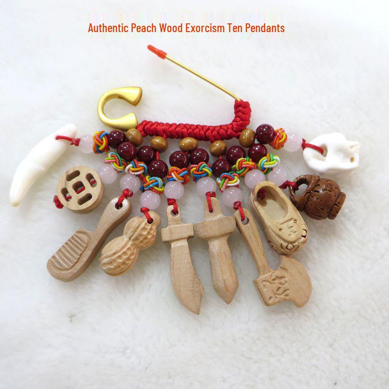 Calming Baby and Mother Pig Brooch: Multi-Treasure Peach Wood Sword and Cinnabar Charm.