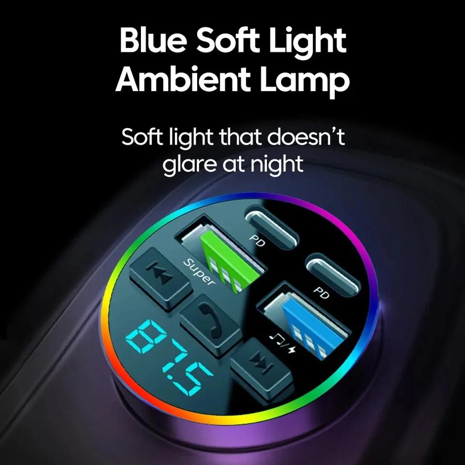 66W Fast Charge Bluetooth 5.0 FM Transmitter 4 Ports (Dual USB+Type-C) RGB Ambient Light Handsfree Car MP3 Player