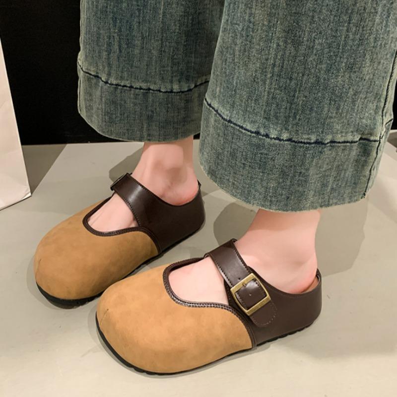 

Модные тапочки Baotou на скрытой платформе и среднем каблуке, весенняя новинка, с круглым носком, глубоким вырезом, металлической пряжкой, нескользящие, износостойкие, на плоской подошве 35