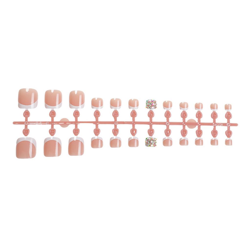 24pcs Short Square Press On Toenails French Tips Design False Toe Nail With Glitters Rhinestones For Fashionable Wear
