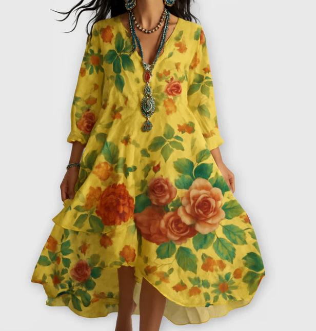 Midi-kjole med V-hals og blomsterprint, asymmetrisk fald, kort erme, flere farger