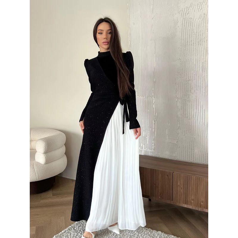

Fashion Wind Stylish Temperament Long Sleeves Stitching Ruffle Fake Two-Piece Dress Lace up Pleated Dress Colorblock XL