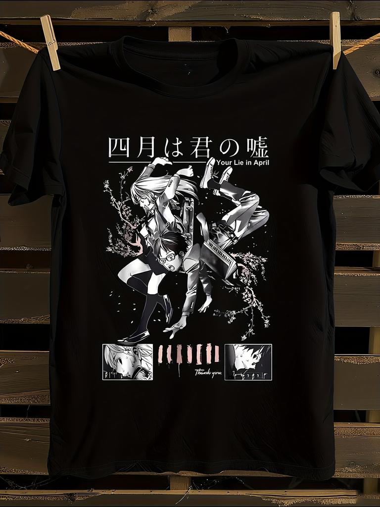 Unisex Your Lie in April Anime T-Shirt Mens Tshirt Womens Tshirts with Letters Print Short Sleeves T-Shirt Casual Street Tee Shirt Top