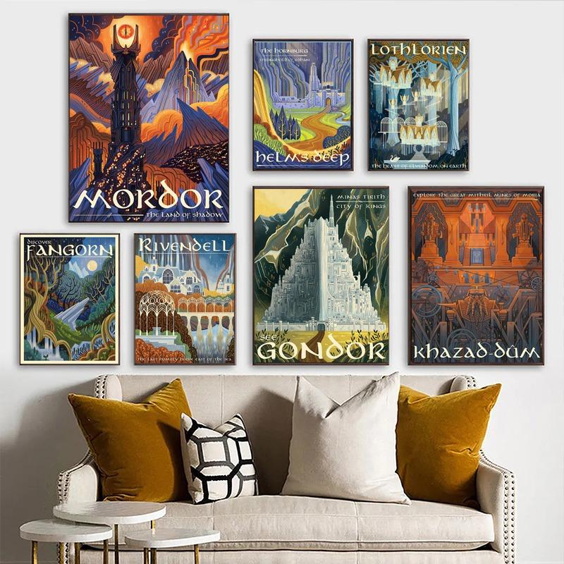 Anello Astratto Arte Poster da Viaggio Retrò Film Vintage Castello di Mordor Signore Magia Pittura su Tela Parete Camera da Letto Bambino Decorazioni per la Casa Quadro