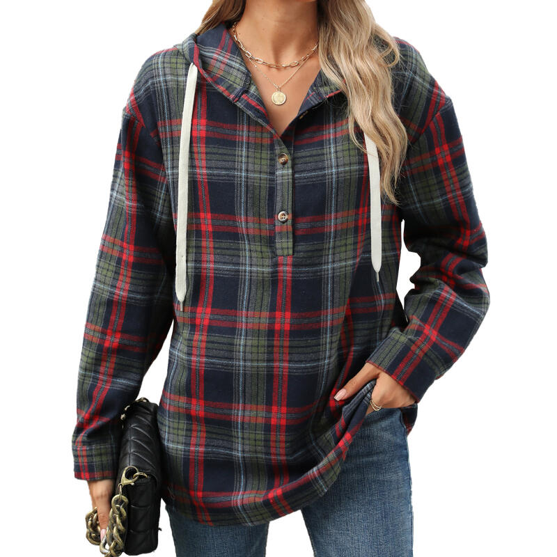 Oversized Hooded Sweatshirt Women with Plaid Pattern & Button Detail, Long Sleeve Casual Pullover for Fall Winter - S to XXL