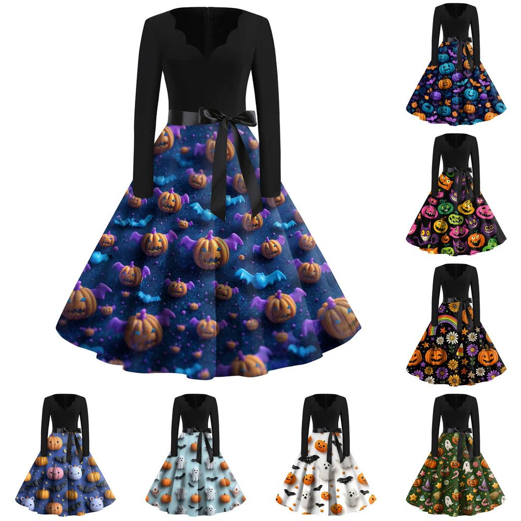 Women's Casual Fashion Halloween Printed V-Neck Vintage Dress