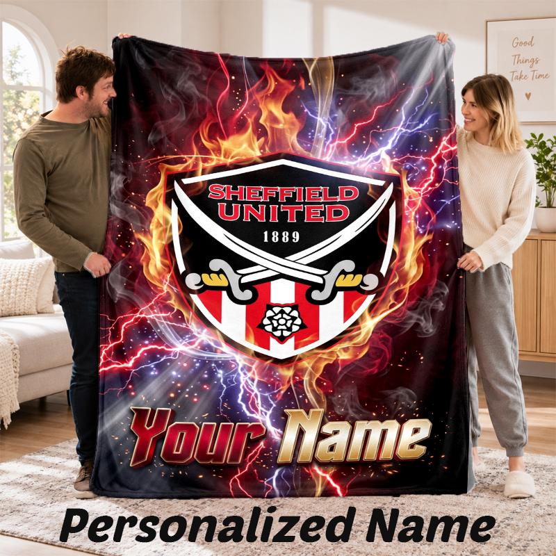 Sheffield United FC Personalized Flannel Blanket Custom Name Text Soft Throw Blanket Home Decor