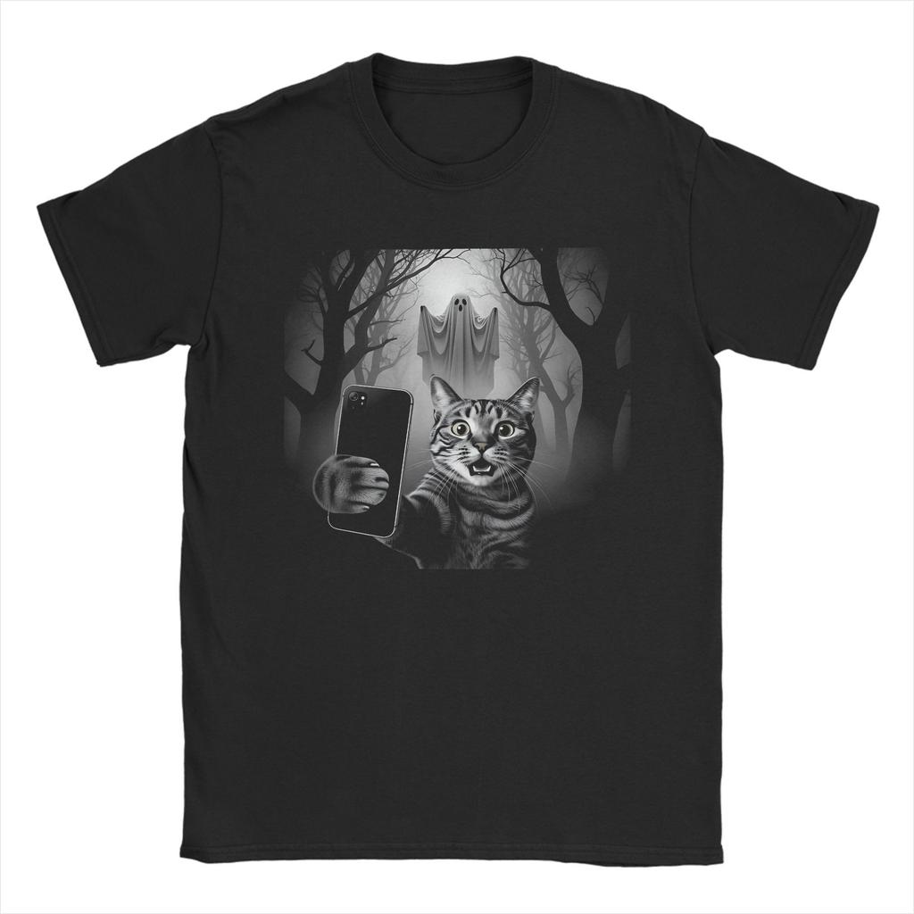 Halloween Cat Selfie with Spooky Ghost Cat Men's T Shirts Novelty Tees Short Sleeve Round Neck T-Shirts Pure Cotton 6XL Tops