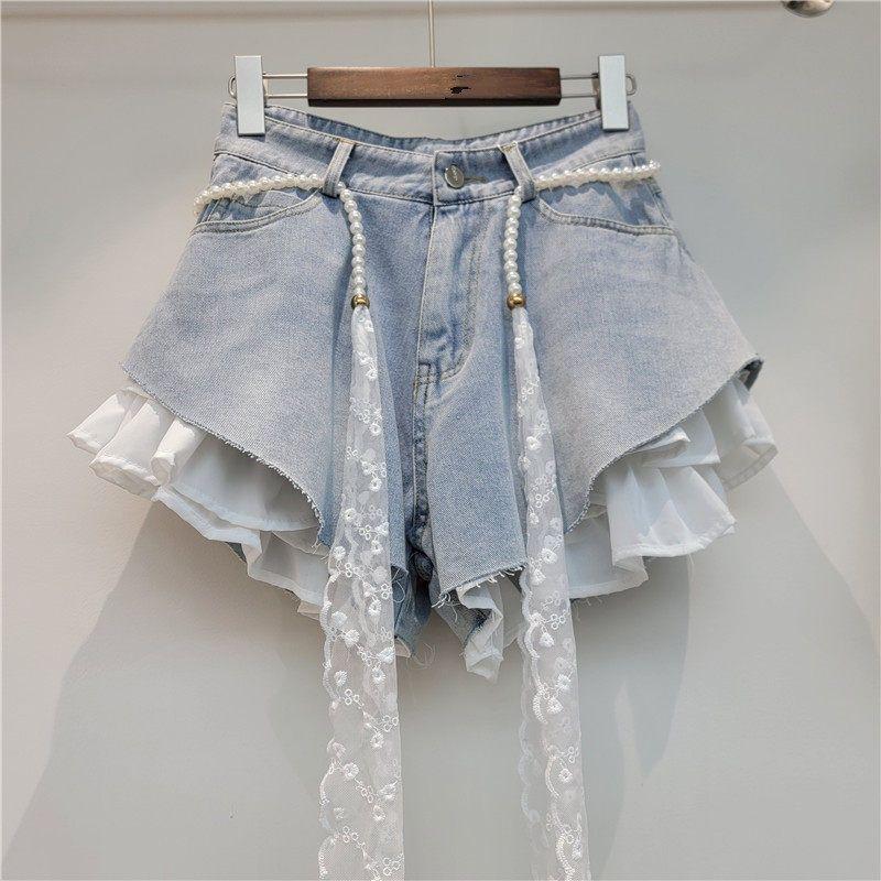 Blue Jean Shorts Women Denim Shorts Patchwork Ruffle Y2k with Belt Jeans Korean Girl Shorts Summer Streetwear 2026
