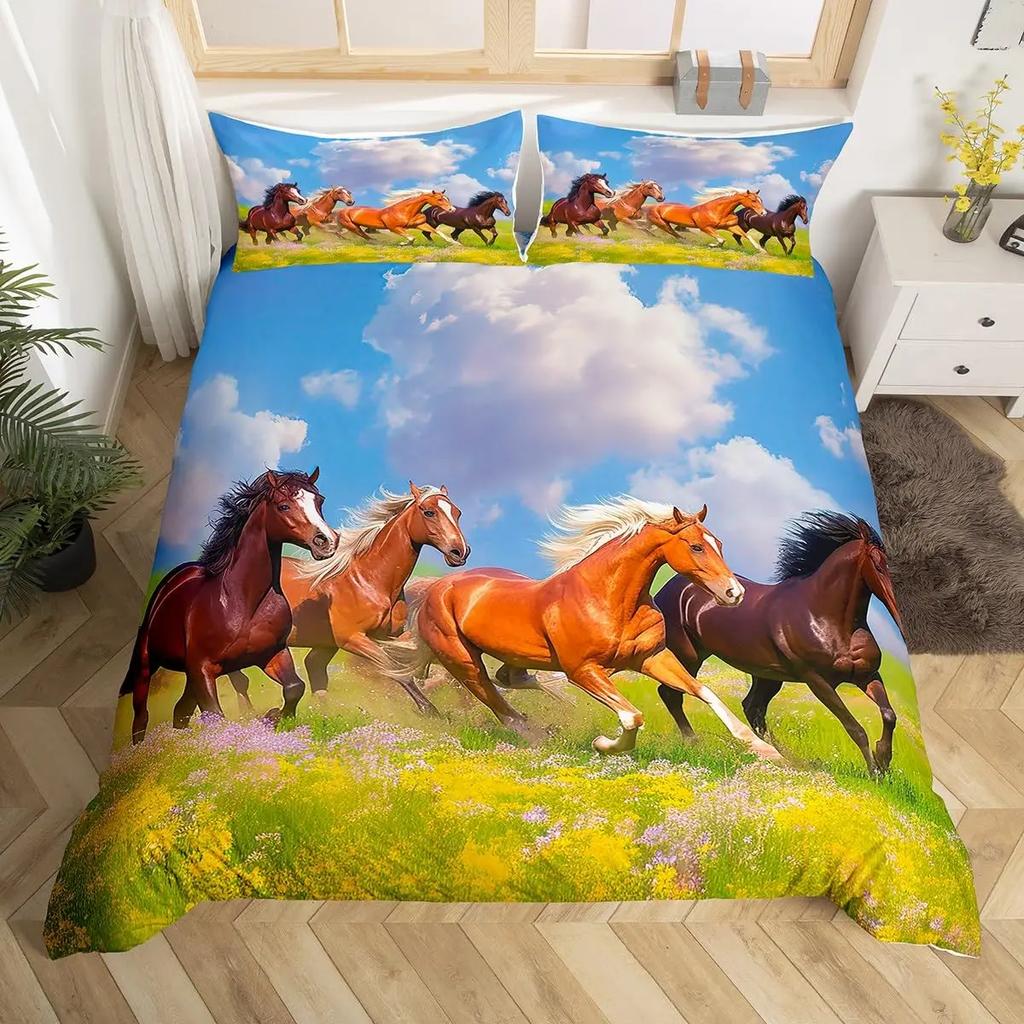 Cherry Blossom Horse Comforter Cover Twin for Kids Boys, Wild Animal Bedding Set Galloping Horse Duvet Cover with 2 Pillowcase