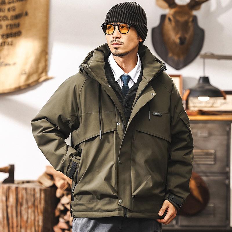 Mens Vintage Workwear Down Jacket Winter 2026 Mountain Outdoor Functional Parka Hooded Loose Fit Olive Black Coffee