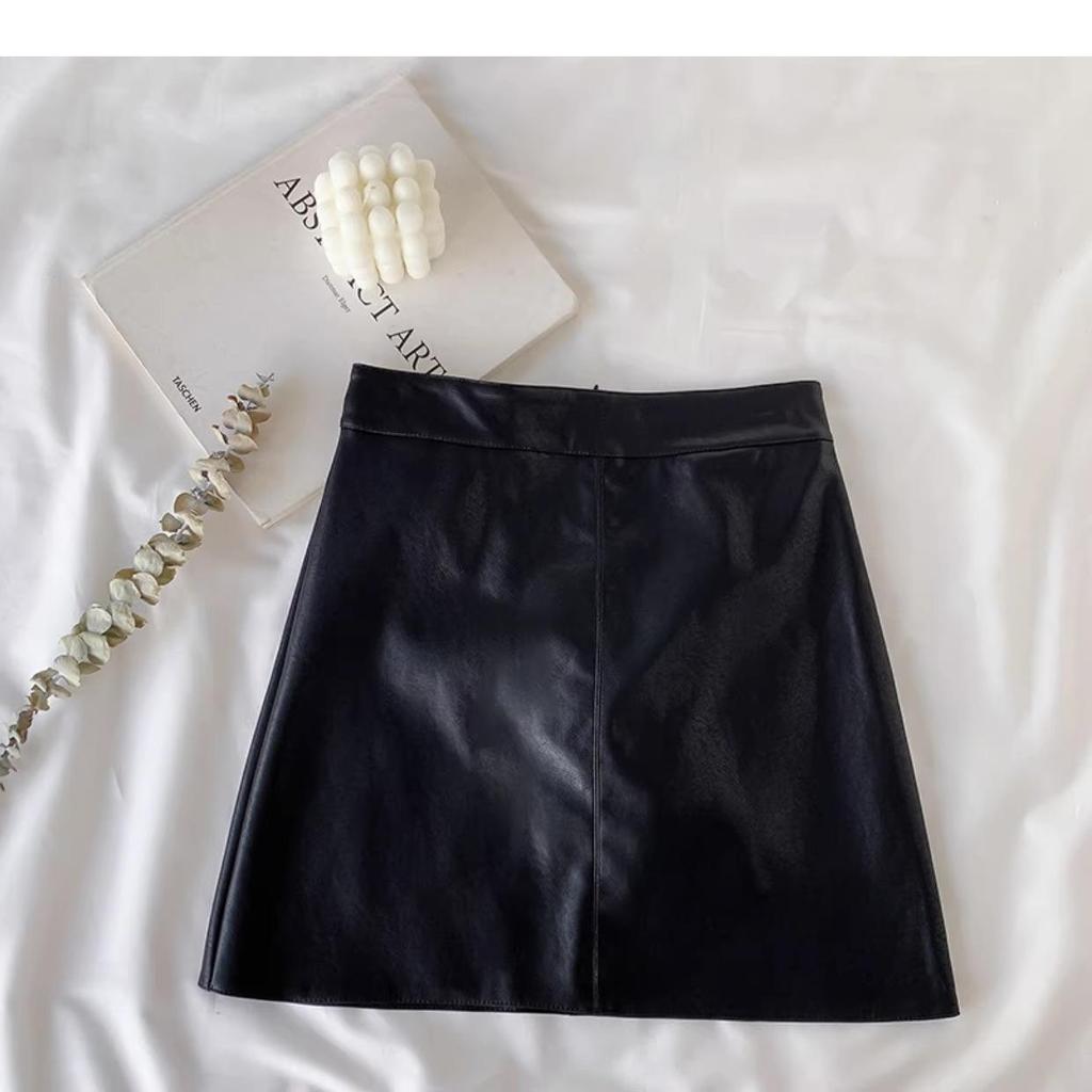 Autumn/Winter 2023 Women's PU Leather A-Line Skirt - High Waist, Slim Fit, Knee-Length, Casual Korean Style