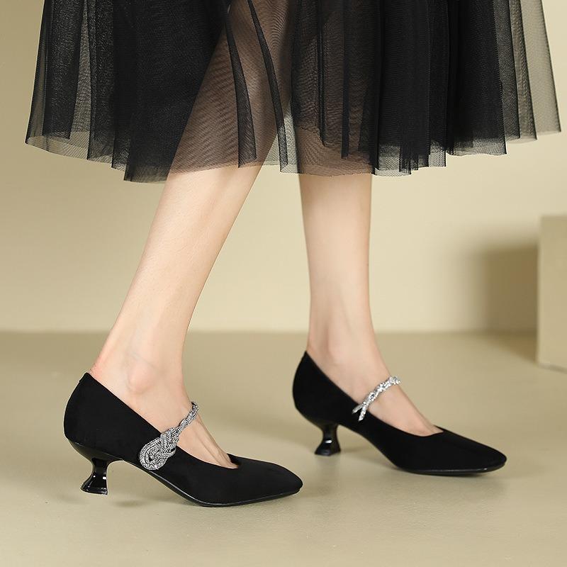 3-One-word rhinestone square head single shoes women's suede stiletto high heels women's not tired feet temperament women's shoes