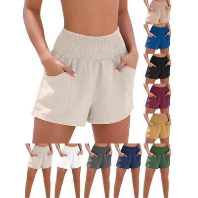 Damen Unifarbene Raffung Hohe Taille Lässige Lockere Strandshorts Mit Taschen Sommerurlaub Hotpants