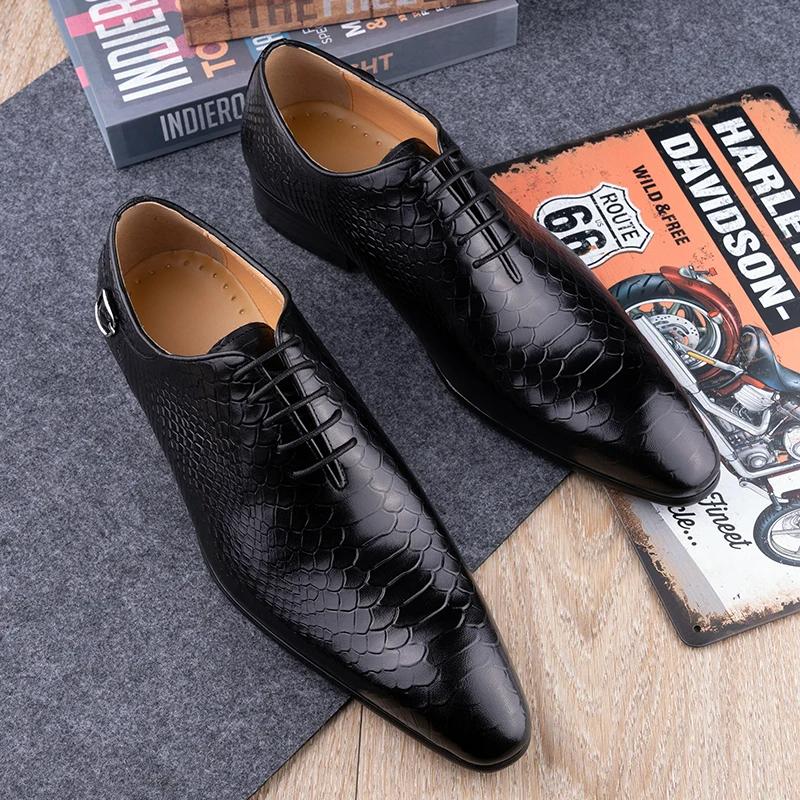 Fashion Luxury Shoes Genuine Leather Men Shoe For Office Dress Suits Oxford Metal Buckle Business Work Black Coffee Lace-up Handmade Man