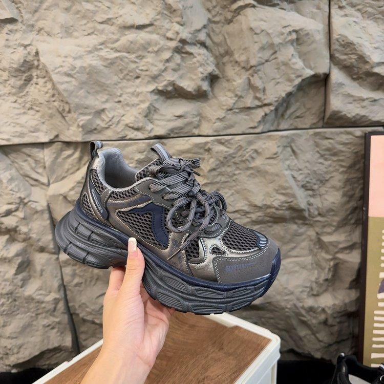 Platform Leather Mesh Dad Shoes Girl 2025 Autumn European Station New Breathable Casual Niche Retro Sneakers