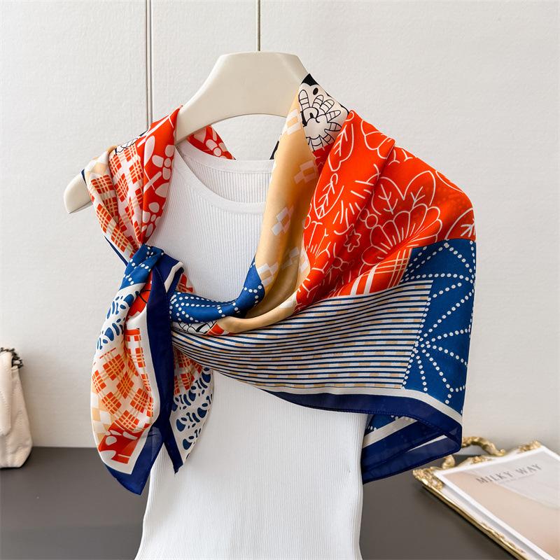 Contrasting Color Splicing Satin Simulation Silk Printing Large Square Scarf Silk Scarf Shawl Headscarf Neck Protection Scarf