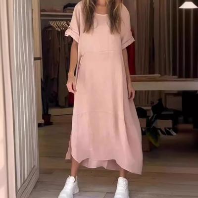 Dámské letní stylové volné ležérní jednobarevné bavlněné lněné šaty s krátkým rukávem