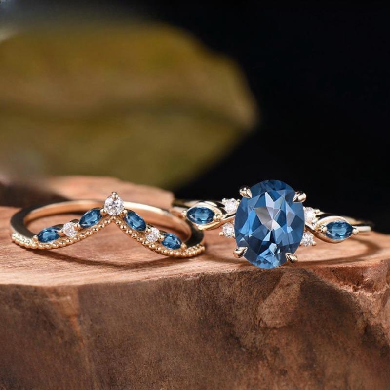 Self-developed New Gold-plated Inlaid Blue Zircon Pair Ring European and American Fashion Wedding Ring Colored Diamond Jewelry