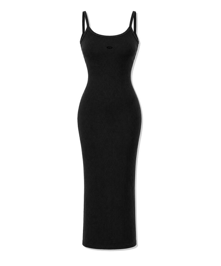 GRANDIOSITY Symbol Embroidered Ribbed Sleeveless Long Dress (Black)