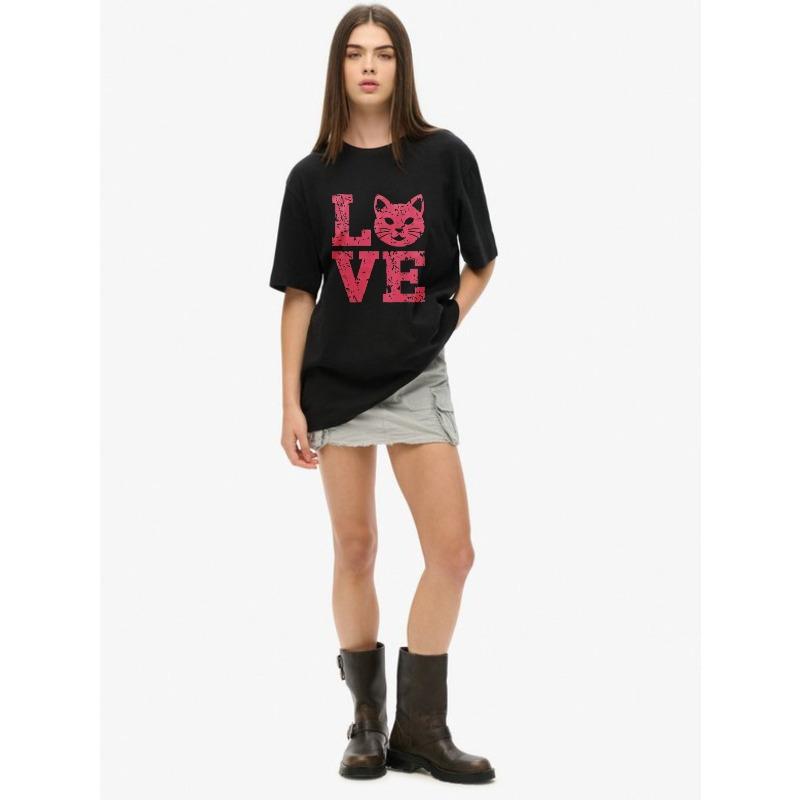 Oversized T Shirt Black Love Cat Face Print Casual Wear For Women