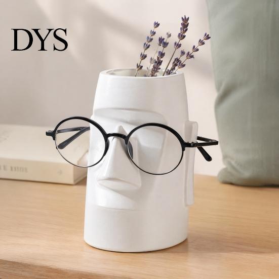 Desk Storage Box Resin Glass Stand Pen Holder, Moai Statue Pencil Container, Desktop Cup Stationery Organizer Eyeglass Display Rack for Home Office