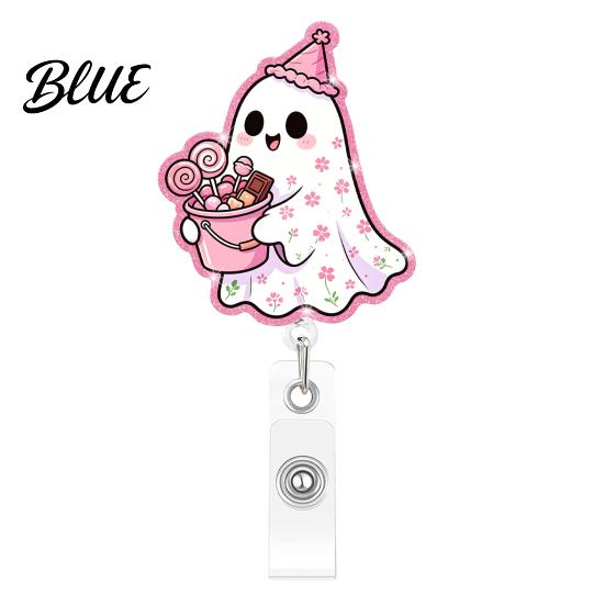 Clear Acrylic Retractable Badge Reel Halloween Ghost Reel Glitter Holder Clip Cute Pink Starlight ID Name for Women Nurse Teacher Medical