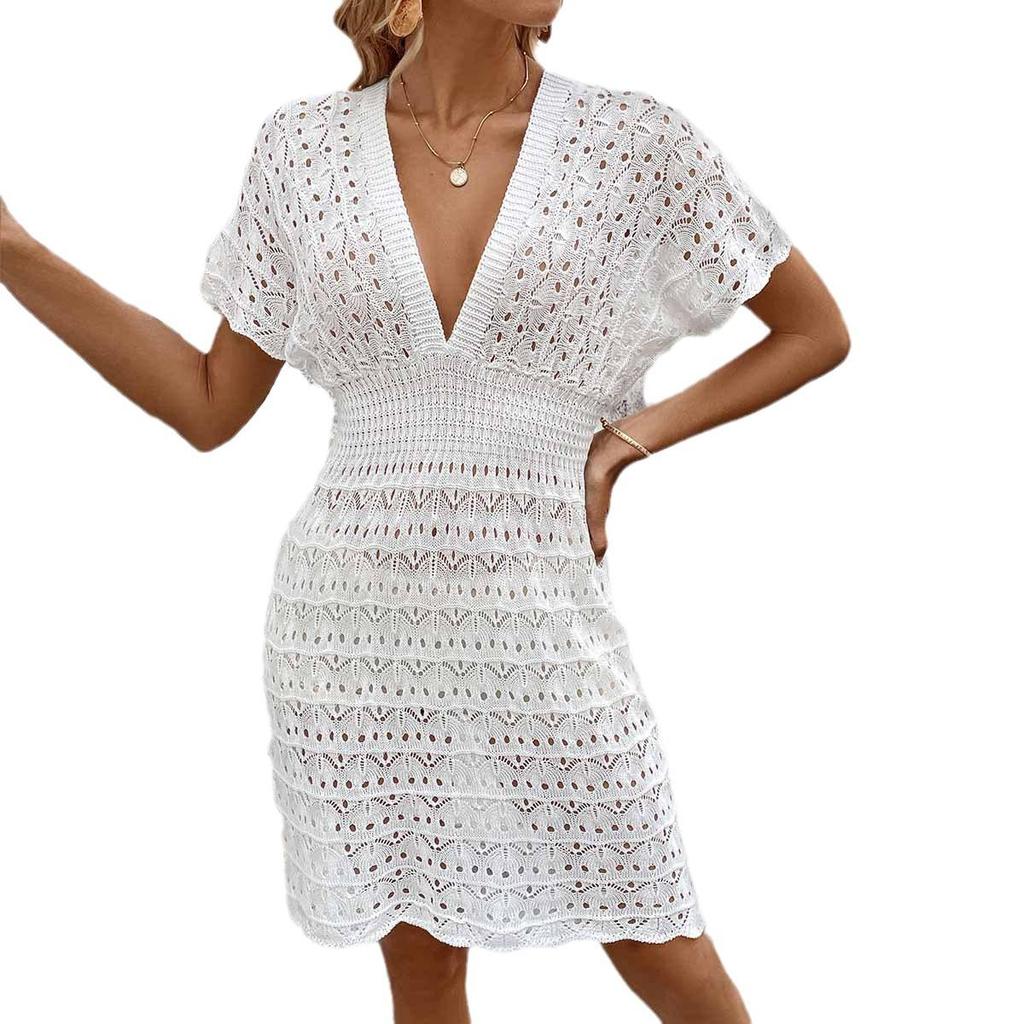Vestido Cubreplayas Elástico Calado con Patrón de Ondas para Mujer - Cuello en V Profundo Estilo Falda Corta X5967