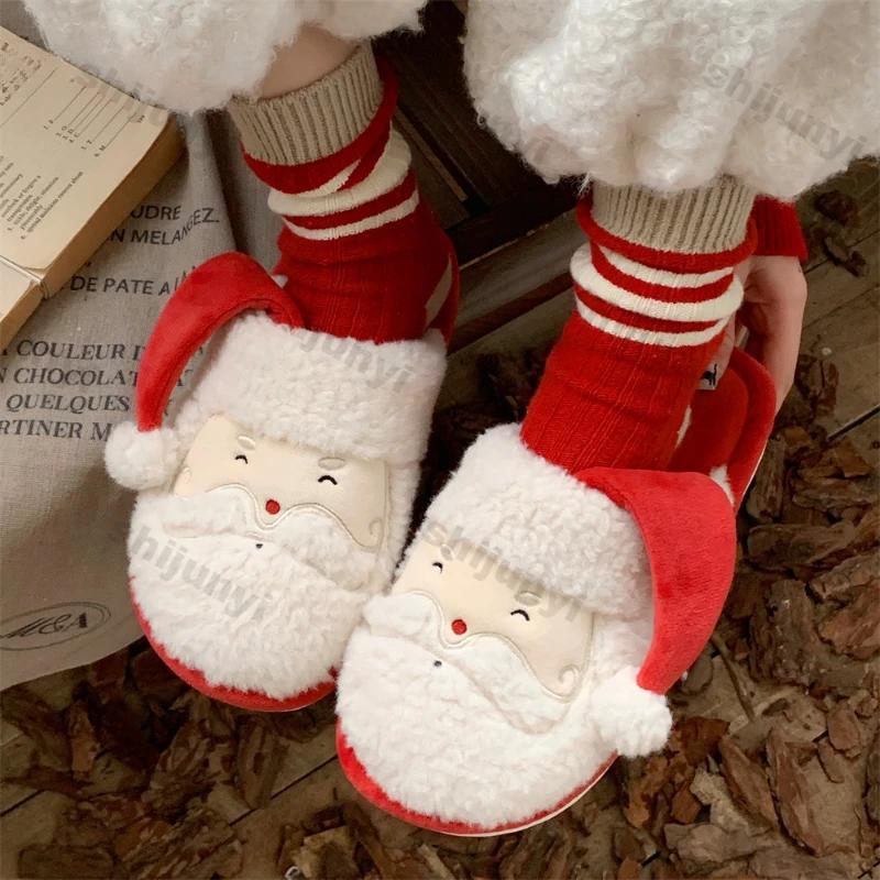 Fashion Winter New Cute Christmas Cotton Slippers for Woman Casual Warm Plush Anti-slip Girls Indoor Home Floor Fashion Party Slides