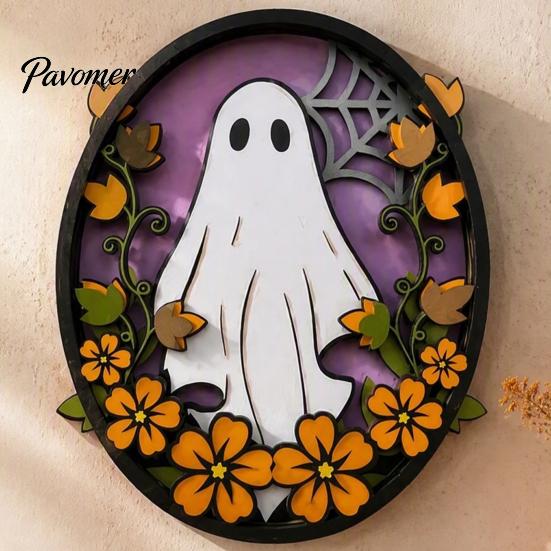 Festive Halloween Wall Accents Oval Sign, Layered Wooden Decor Cute Ghost Bat Spooky Home Decorations Pumpkin Witch Designs, Art Decoration