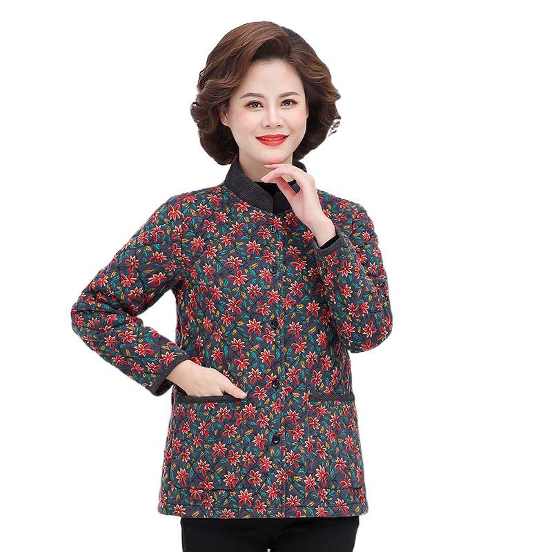 Women's Floral Corduroy Quilted Jacket - Lightweight Autumn/Winter Fashion for Middle-Aged & Elderly
