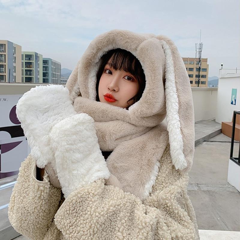 

Милая мультяшная шапка с кроличьими ушками, милый зимний подарок, ветрозащитный шарф и перчатки, комплект, милые зимние толстые толстовки, шарф с варежкой слоновая кость