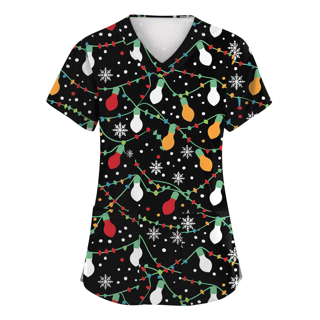 Women's Fashion Short Sleeve Christmas Print V-Neck Pocket Workwear Tops