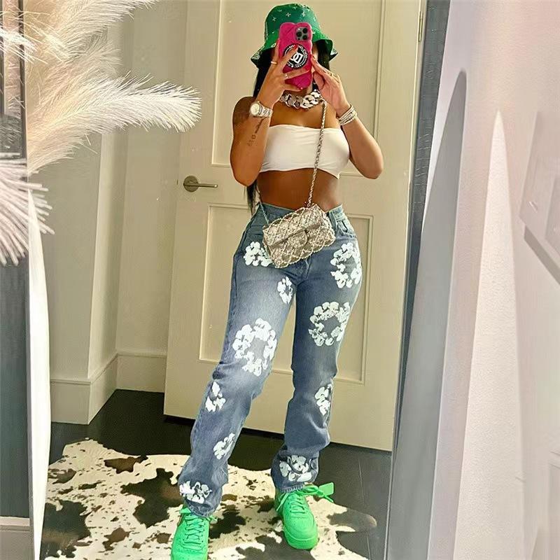 Unisex Y2K Kapok Muster Jeans Retro Street Bedruckte Lange Denim Hose Revers Knopf Jeans Straight Pants Damen Freizeithose