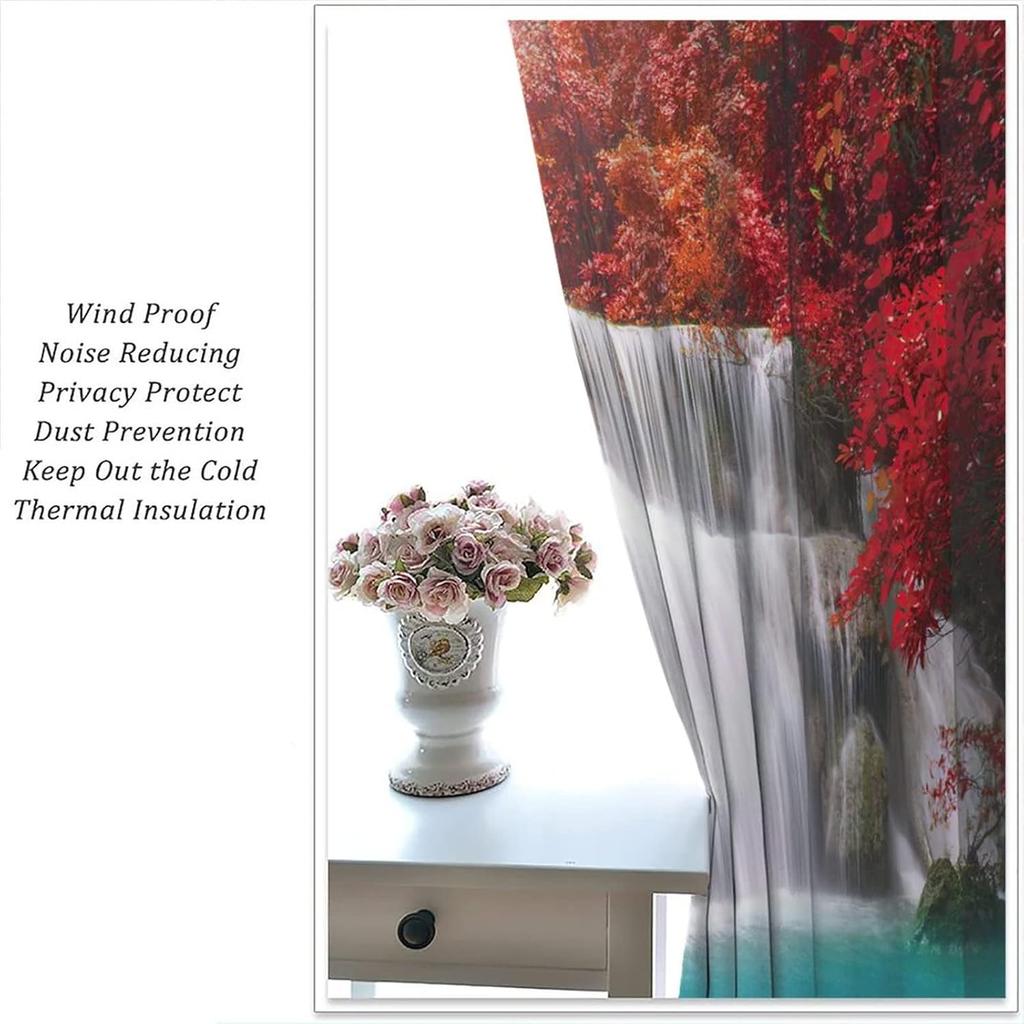 Blackout Red Forest Waterfall Windows Curtains Tree Landscape Woodland Scenic Nature Fall Scenery Art Printed Curtain Made Of Polyester Washable