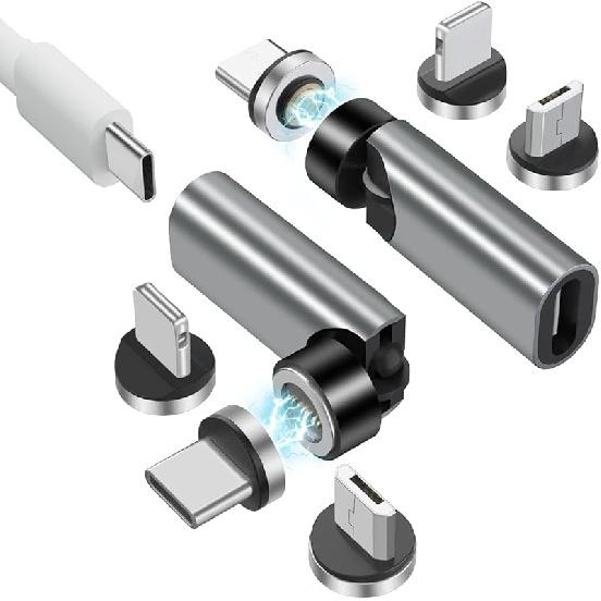 360°&180° Rotation Magnetic USB C Adapter 3 in 1 USB C Magnetic Adapter 3A Fast Charging QC3.0 480Mbps Data Transfer, Silver