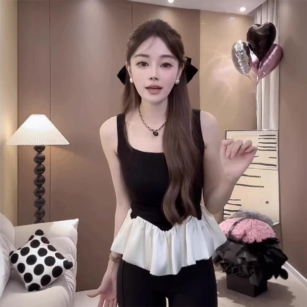 2026 Women s Spicy French Patchwork Ruffle Camisole: Sweet, Sexy Color Block Spaghetti Strap Sleeveless Top One Size чёрный