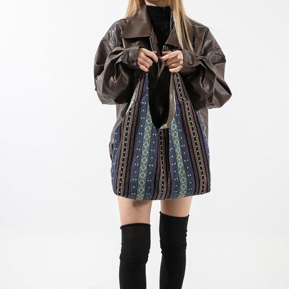 Canvas Bohemian Tote Bag Large Capacity Retro Shoulder Bag Vintage Ethnic Style Handbag  Travel