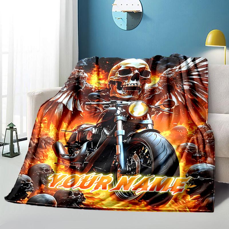 1PC Custom Name Biker Spirit: Fire Wings flannel blanket versatile,all-season throw suitable for the living room,bedroom,camping,travel,and gift