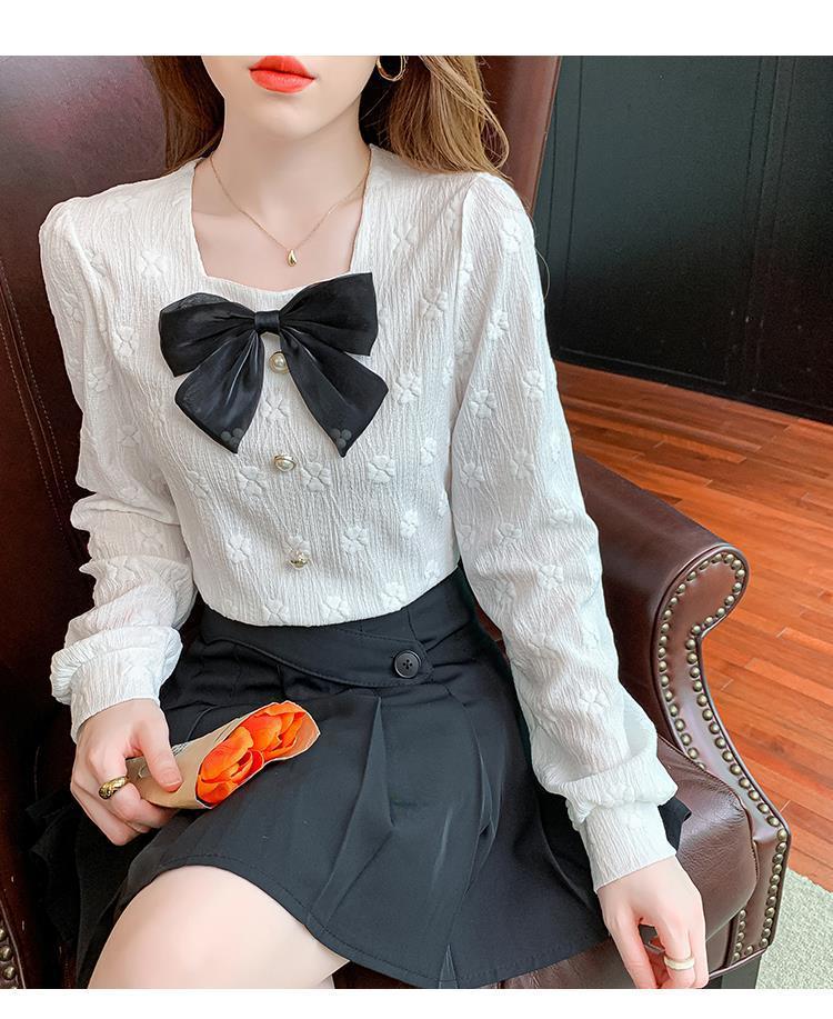 Spring and Autumn Women's Collar Bow Slimming Long Sleeved Shirt Loose Fitting Pullover Top