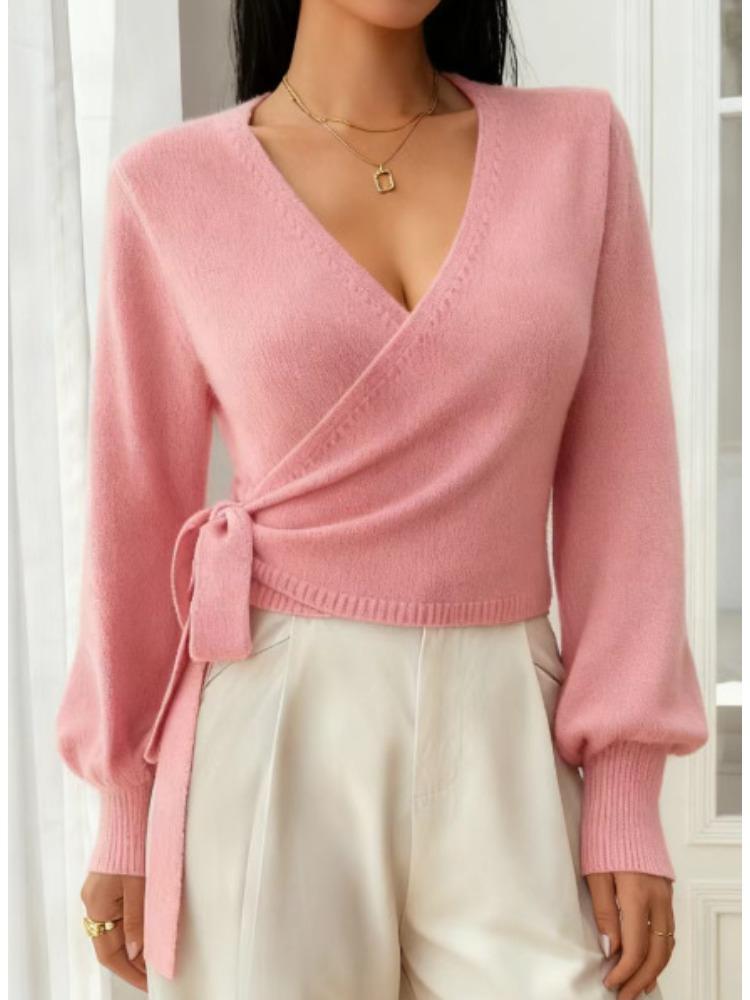 Women's V Neck Cross Front Belted Long Sleeve Knit Sweater Casual Pullover