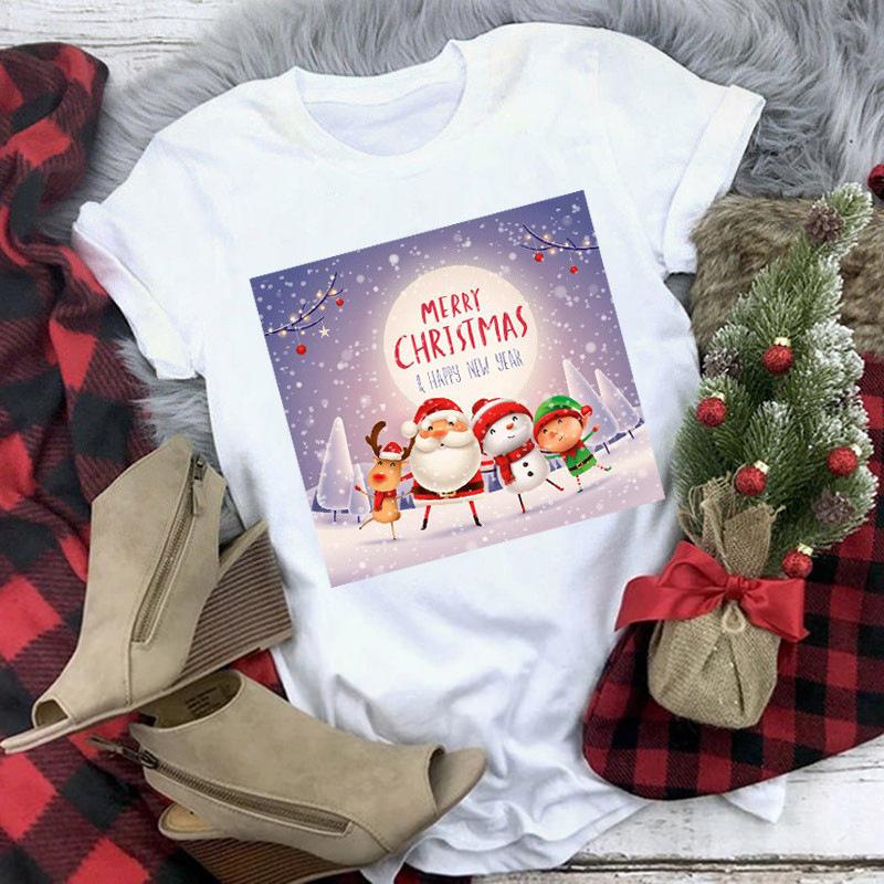 Women's Crew Neck Short Sleeve Graphic Print Christmas T-Shirts Loose Fit Casual Tees