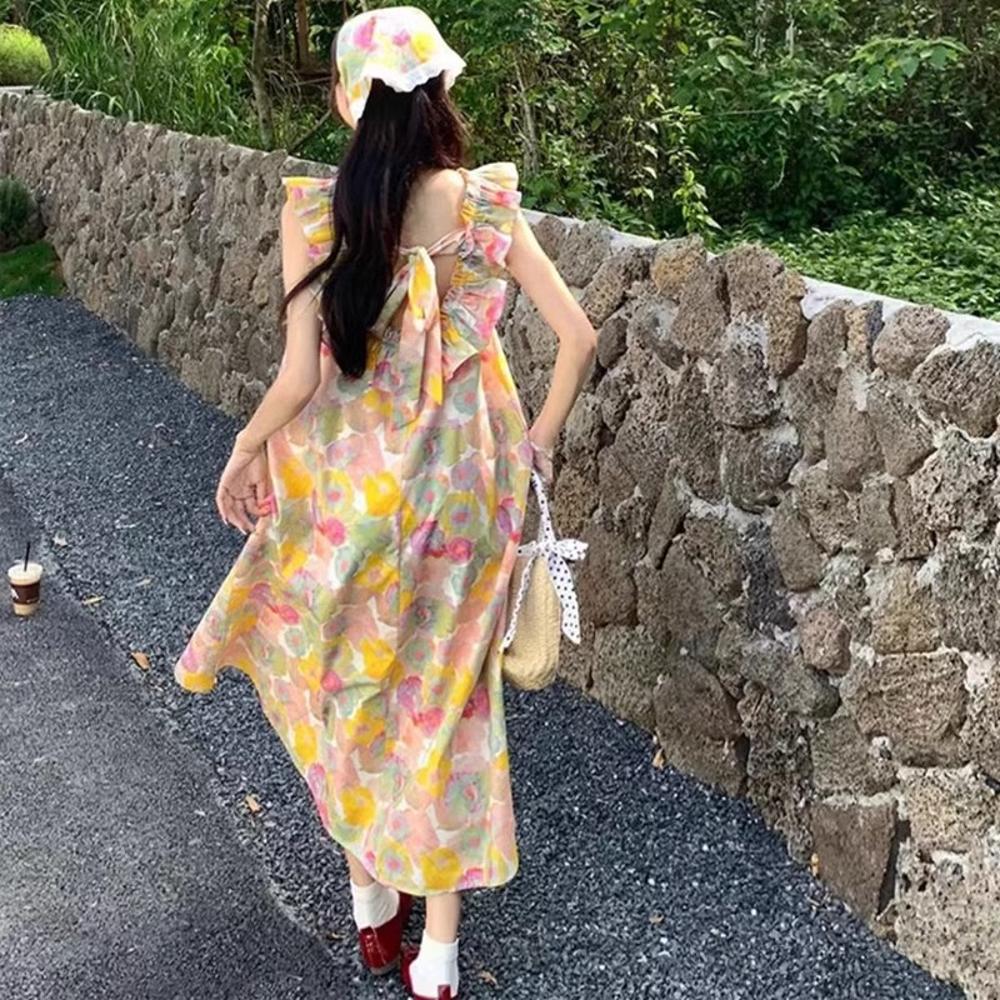 

Ретро масляная живопись цветочный принт женское летнее новое свободное и стройнящее красивое японское морское побережье отпуск темпераментная юбка XL- (recommended 110-60kg)