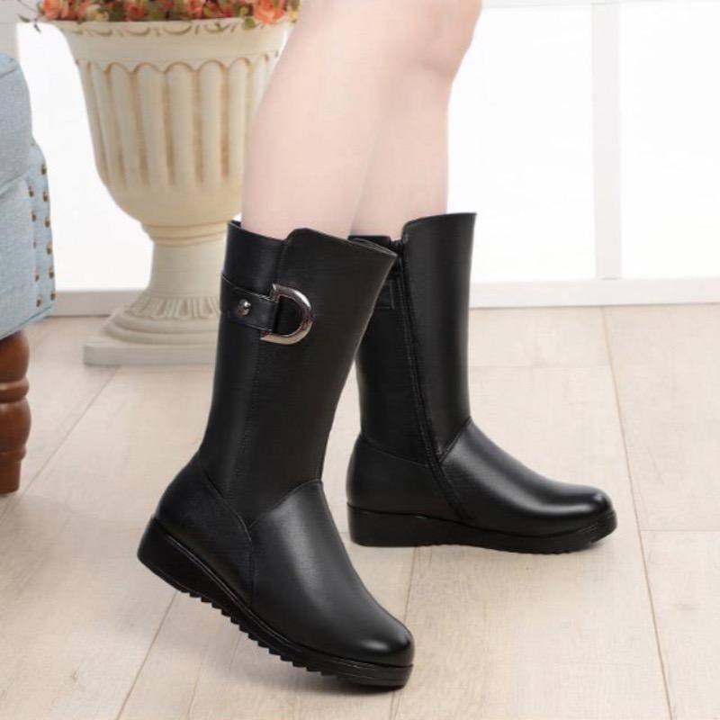 2024Women's Mid-calf Boots Winter Plush Warm Cotton Boot Fashion Soft Leather Boots for Women Non Slip Platform Boot Botas Mujer