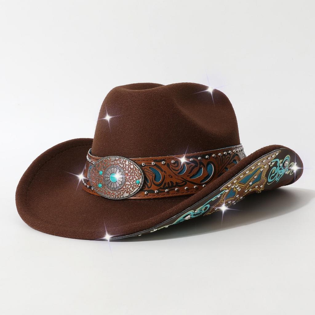 Autumn and winter men's and women's rolled-edge cowboy hat with heavy-duty belt decoration and patches